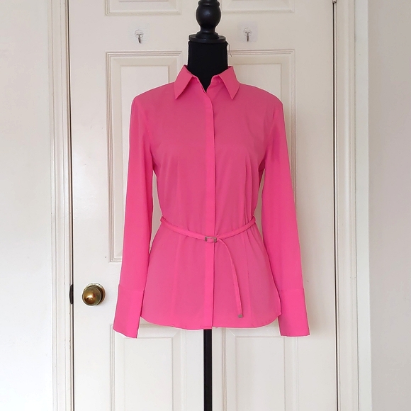 Vintage Express Stretch Hot Pink Long Sleeve Hidden Button Shirt with belt. - Picture 1 of 4